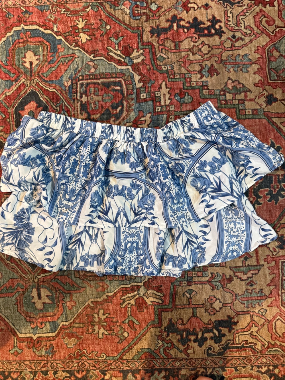 Jaase Blue and White Floral Off-Shoulder Crop Top